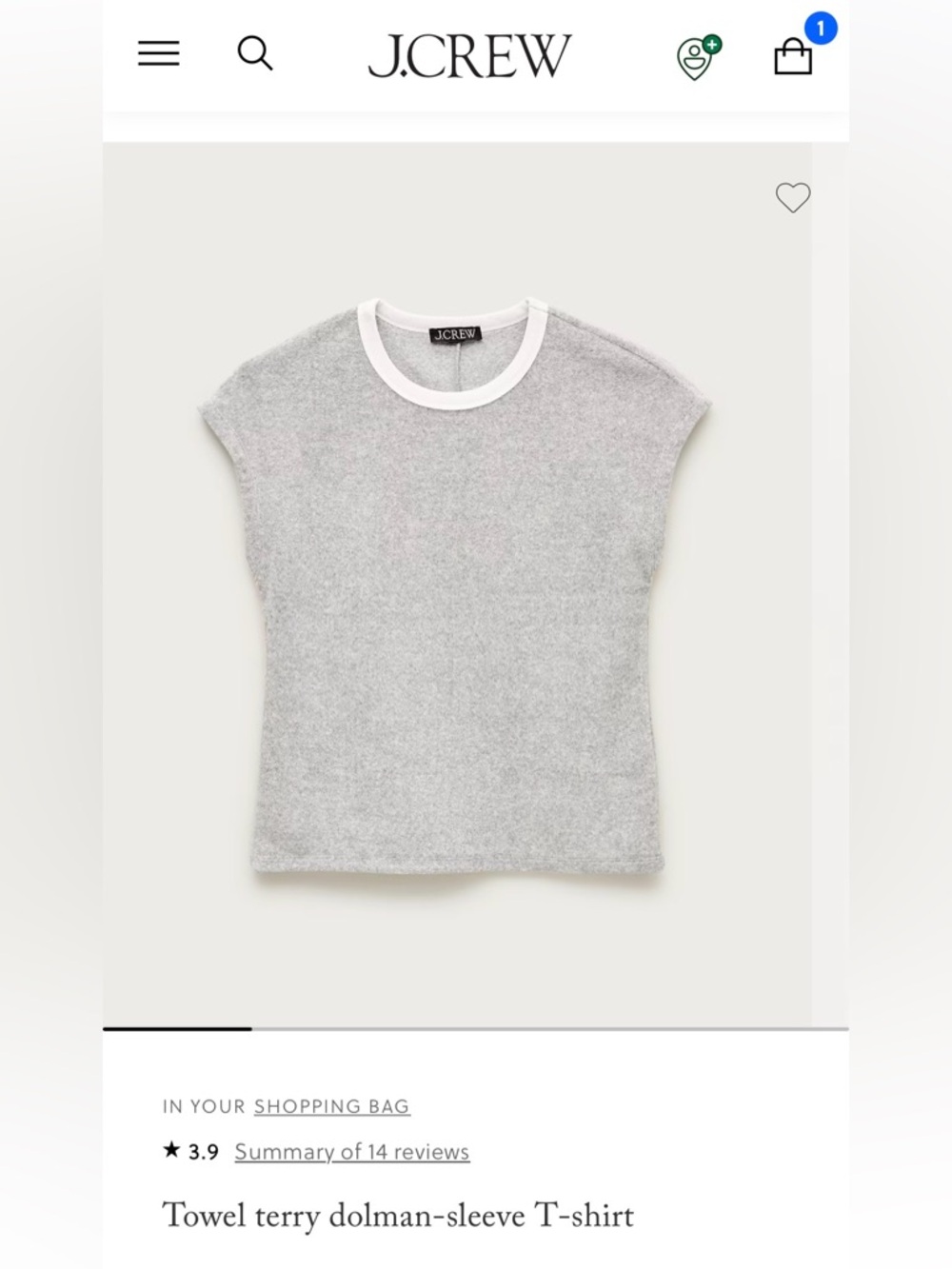J. Crew Light Gray Towel Terry Dolman-Sleeve T-shirt Size XS NWT